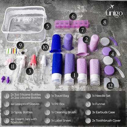 unigo 30 pack Full Set TSA Approved Travel Bottles, Travel Size Containers for Toiletries, Refillable Leakproof Shampoo and Conditioner Bottles, Toiletry Containers,Extra Bottle Sleeves (Purple)