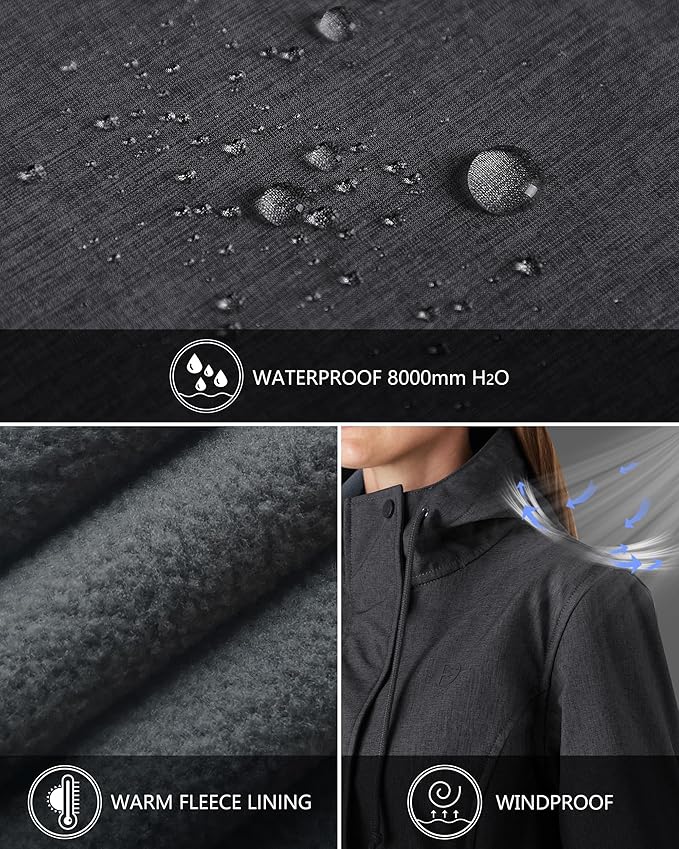Outdoor Ventures Women's Lightweight Waterproof Fleece Lined Hooded Softshell Rain Jacket, Warm Windbreaker Long Coat