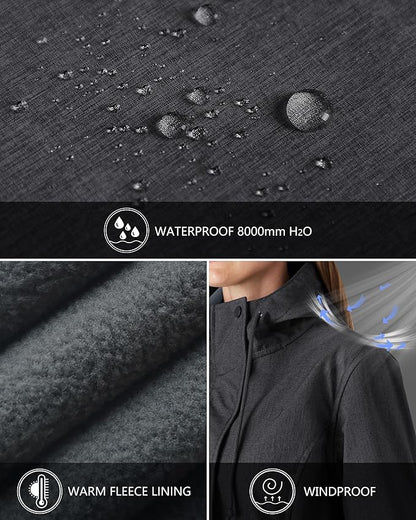 Outdoor Ventures Women's Lightweight Waterproof Fleece Lined Hooded Softshell Rain Jacket, Warm Windbreaker Long Coat