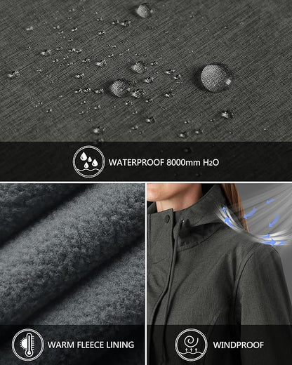 Outdoor Ventures Women's Lightweight Waterproof Fleece Lined Hooded Softshell Rain Jacket, Warm Windbreaker Long Coat