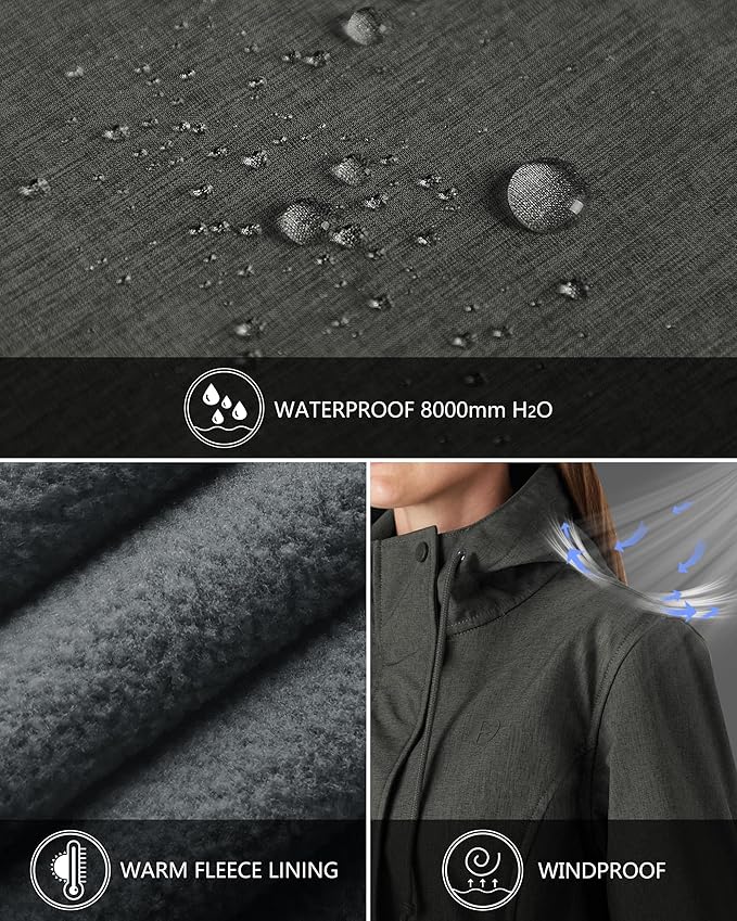 Outdoor Ventures Women's Lightweight Waterproof Fleece Lined Hooded Softshell Rain Jacket, Warm Windbreaker Long Coat