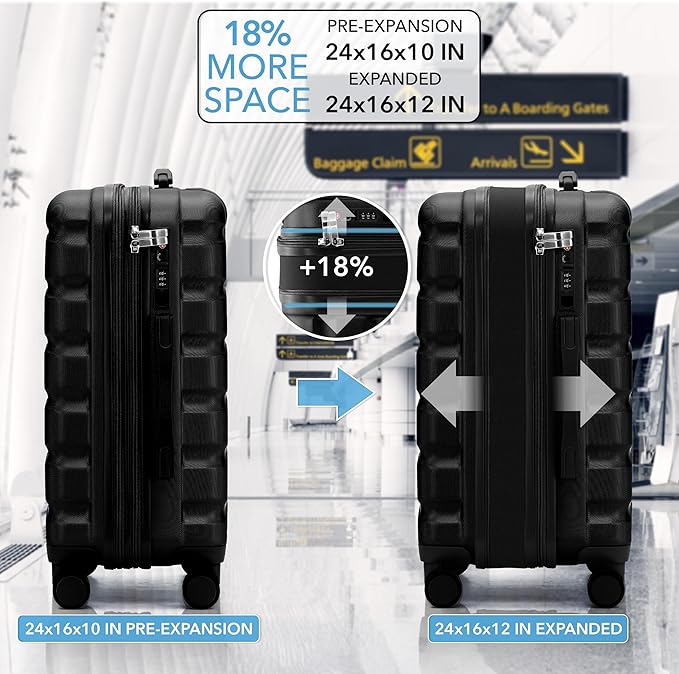 Flight Knight Carry On Suitcase Hardside Built In TSA Lock & USB Port Silent Double Spinner Wheels Maximum Overhead Carry-On Bag For Virgin & South West Approved Airlines( 24x16x10" ,Black )