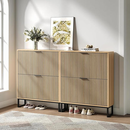 Shoe Cabinet with 2 Flip Drawers, Narrow Wood Shoe Cabinet Storage for Entryway, Freestanding Hidden Shoe Organizer Rack Cabinet for Hallway