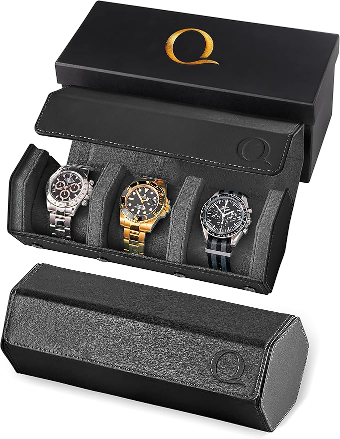 QWATCHBANDS Napa Leather Watch Rolls for Men - Hexagon Triple Watch Roll Travel Case for 3 Watches - Storage Organizer Genuine Leather with Velvet Interior Display (Black/Charcoal)