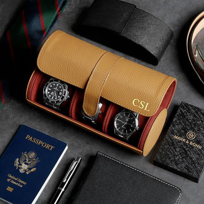 HomeWetBar Custom Leather Watch Roll for Travel, 3 Slot British Tan Watch Case with Velvety Interior, Personalized Initials Option