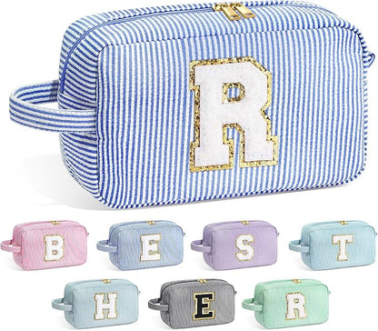 YOOLIFE Initial Makeup Bag for Teen Girls Women - Monogram Cute Large Blue Makeup Bags Cosmetic Toiletry Pouch for Her Friends Mom Sister Teacher, Personalized Birthday Gifts for Women R