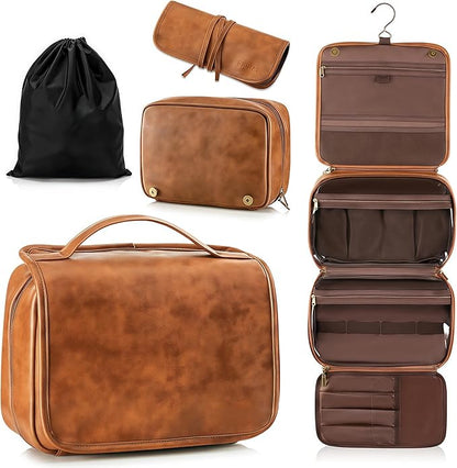 3-in-1 Hanging Toiletry Bag for Men - Spacious PU Leather Dopp Kit, Waterproof Shaving Bag with Grooming Compartments for Weekend Getaways, Daily Use, Gift for Him (Brown)