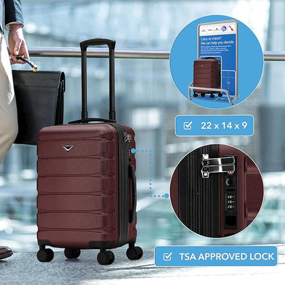 Flight Knight 22x14x9" Expandable Carry On Suitcase Hardside TSA Lock USB C Port Lightweight Luggage Silent Double Spinner Wheels Maximum Overhead Carry-On Bag For American & United Approved Airlines