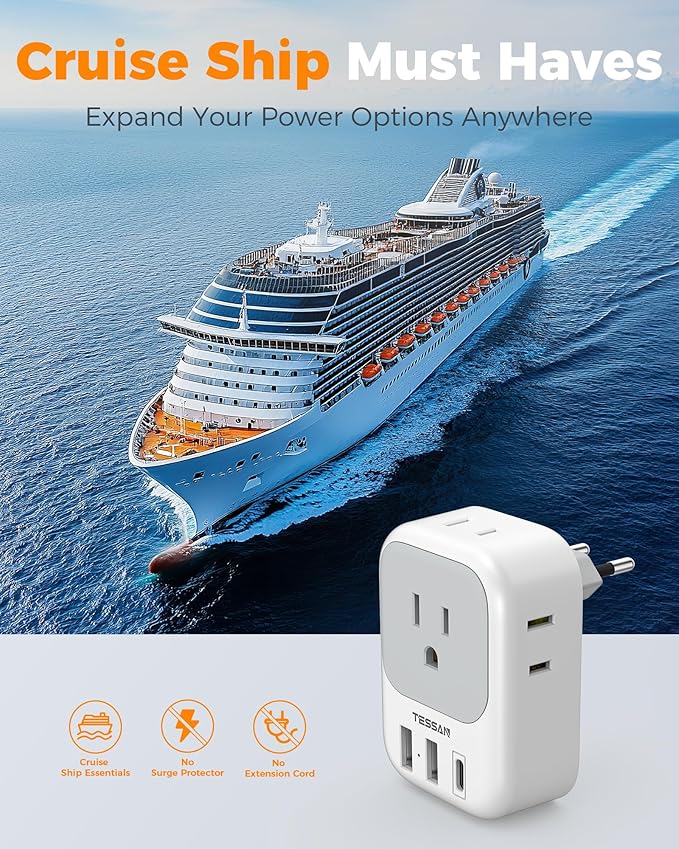 TESSAN European Travel Plug Adapter USB C 3 Pack, US to Europe Plug Adaptor with 4 AC Outlets 3 USB Charging Ports, Type C Power Adapter for USA to EU Euro Spain France Iceland Italy Germany Greece