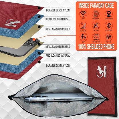 Gecko Travel Tech Faraday Bag, Anti-Tracking GPS RFID Car Key Signal Blocker Wallet Shielding Pouch Protective Case for Cell Phone Car Key FOB, Data Privacy, Electronic Device Security (RED - NYLON)