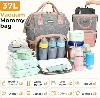 Vacuum Compression Diaper Bag, Expandable Waterproof Baby Travel Backpack with Insulated Pockets, Wet-Dry Separation, and Detachable Airtight Bag (Vacuum Pump Included)