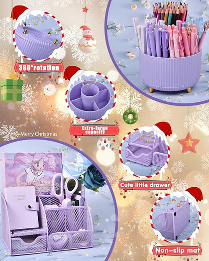 Purple Desk Organizers and Accessories With Mesh Desk Organizer and 360°Rotating Pen Holder and a Lot of Office Purple Office Supplies Beautifully Presented in a Gift Box Christmas Gifts