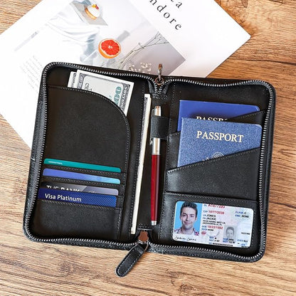 Polare Napa Leather Passport Holder With YKK Zipper RFID Blocking Travel Document Organizer Ticket Holder Cover Case Holds 2 Passports (Black)
