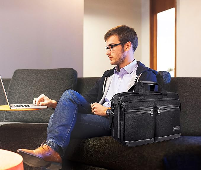 KROSER Laptop Bag Stylish Laptop Briefcase Fits Up to 17.3 Inch Expandable Water-Repellent Shoulder Messenger Bag Computer Bag with RFID Pockets for Business/Travel/School/College/Men/Women-Black