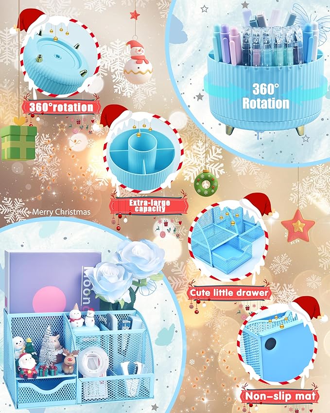 Blue Desk Organizers and Accessories With Mesh Desk Organizer and 360°Rotating Pen Holder and a Lot of Office Blue Office Supplies Beautifully Presented in a Gift Box Christmas Gifts