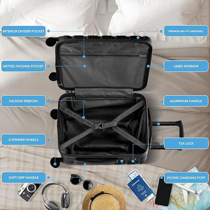 Flight Knight 22x14x9" Expandable Carry On Suitcase Hardside TSA Lock USB C Port Lightweight Luggage Silent Double Spinner Wheels Maximum Overhead Carry-On Bag For American & United Approved Airlines