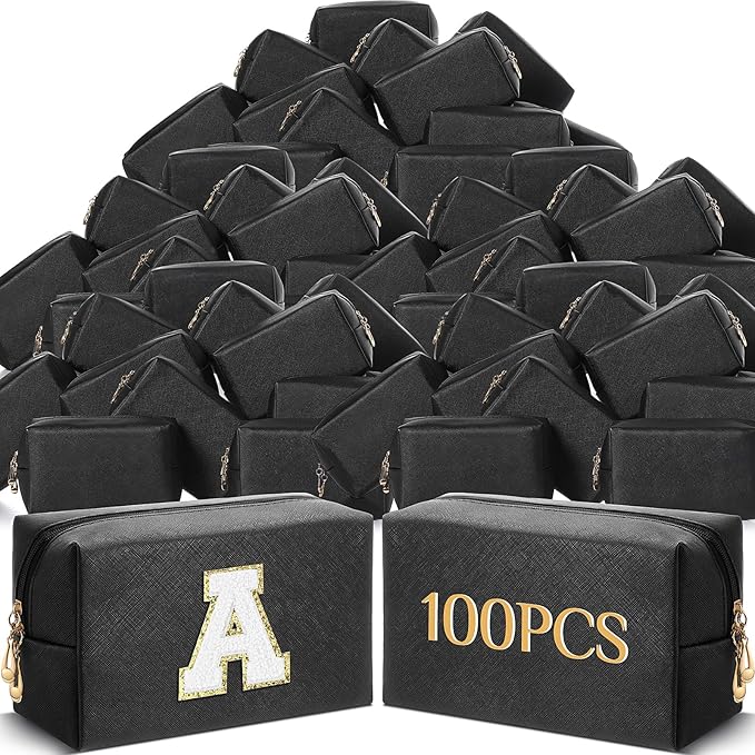 Cunno 100 Pcs Makeup Bags Bulk PU Leather Cosmetic Pouch Christmas Small Pouch Bag DIY Toiletry Bags Preppy Aesthetic Travel Storage Organizer for Women Travel Christmas Party Gift(Black)