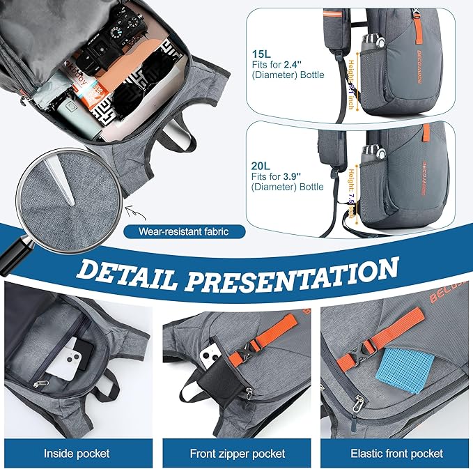 15L Small Hiking Backpack for Men Women Foldable Packable Back Pack Ultralight Hiking Daypack for Travel Camping Outdoor, Gray