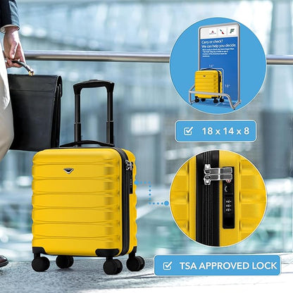 Flight Knight Carry On Suitcase 18x14x8" Hardside Built In TSA Lock & USB Port Lightweight Luggage Silent Double Spinner Wheels Maximum Underseat Carry-On Bag For American & United Approved Airlines