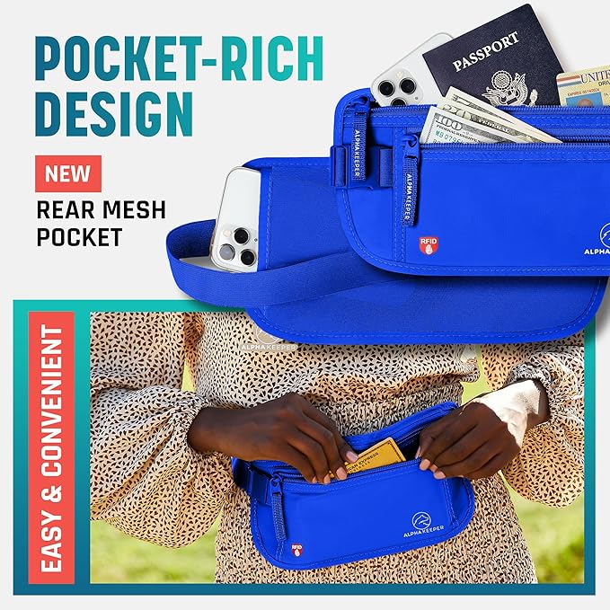 Alpha Keeper Hidden Travel Money Belt - RFID Blocking Waist Wallet & Passport Holder for Women and Men, Anti-Theft Slim Security Pouch