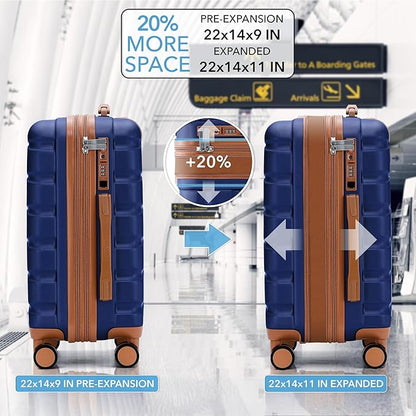 Flight Knight 22x14x9" Expandable Carry On Suitcase Hardside TSA Lock USB C Port Lightweight Luggage Silent Double Spinner Wheels Maximum Overhead Carry-On Bag For American & United Approved Airlines