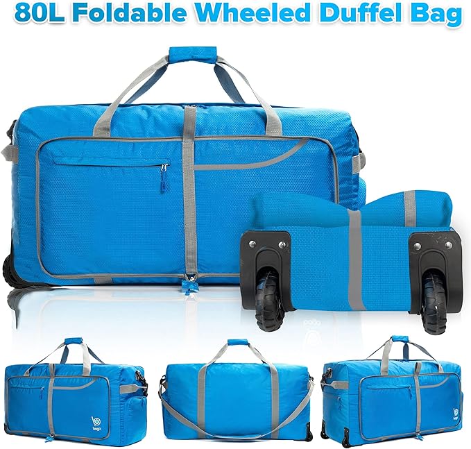 Bago Rolling Duffle Bag with Wheels - 27" 80L Foldable Weekender Bag, Waterproof Travel Duffel Bag, Heavy Duty LightWeight Duffle Bag for Traveling, Rolling Duffel Bag with Wheels (Blue2023)