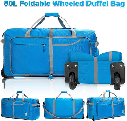 Bago Rolling Duffle Bag with Wheels - 27" 80L Foldable Weekender Bag, Waterproof Travel Duffel Bag, Heavy Duty LightWeight Duffle Bag for Traveling, Rolling Duffel Bag with Wheels (Blue2023)
