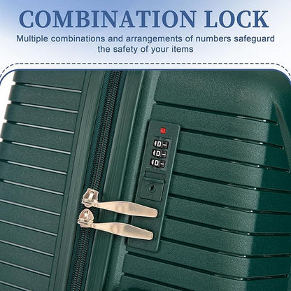 Campfun 3 Piece Luggage Sets, PP Suitcase Set with Double Spinner Wheels Hang Hook, Durable Carry On Luggage with Combination Lock, 20/24/28 inch, Green