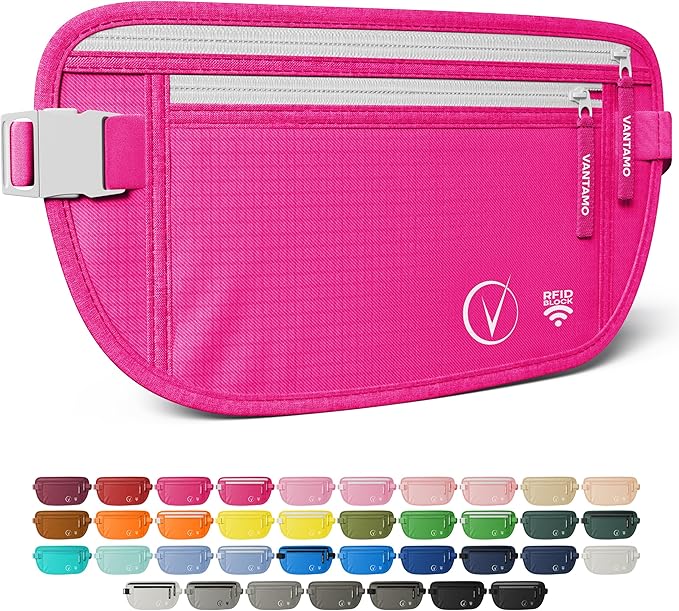 Vantamo Money Belt with RFID For Men & Women, Hidden Passport Holder for Travel, 2 Compartment Travel Fanny Pack for Women Anti Theft