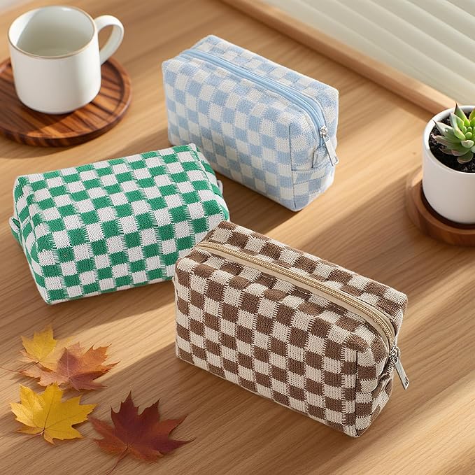 48 PACK Checkered Makeup Bag- Bulk Bridesmaid Proposal Gifts Makeup Pouch for Wedding Party Favors Bachelorette Party Decorations Toiletry Organizer Bag Cosmetic Case Gift (Blue)