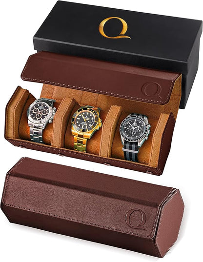 QWATCHBANDS Napa Leather Watch Rolls for Men - Hexagon Triple Watch Roll Travel Case for 3 Watches - Storage Organizer Genuine Leather with Velvet Interior Display (Brown/Tan)
