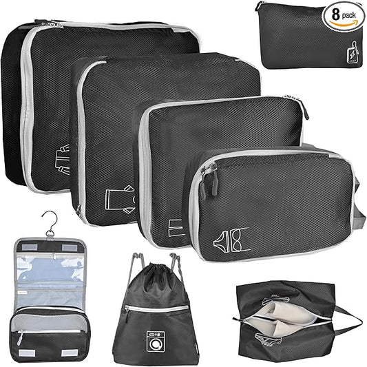 8 Set Expandable Compression Packing Cubes for Suitcases Travel Essentials Carry On Waterproof Storage Bag With Dry And Wet Separation Black