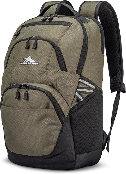 High Sierra Swoop Backpack, Lightweight Bookbag, Large Main Compartment + External Accessory Pockets, Separate Laptop Pocket, Dual Water Bottle Pockets, Fits most 17” Laptops, 30L Capacity, Olive