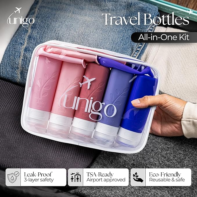 unigo Travel Bottles For Toiletries, 5-pack 3.oz TSA Aprroved Travel Size Bottles, Containers For Toiletries, BPA Free, Leak Prrof, Refillable Containers Bottles (Purple)