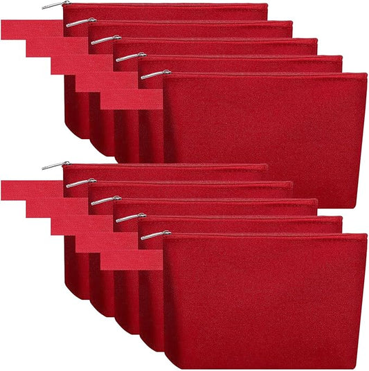 10 Pieces Cotton Canvas Makeup Bag with Bottom and Strap, Multi-Purpose Cosmetic Bag with Zipper Travel Toiletry Pouch, Blank DIY Craft Bag (Red, L)