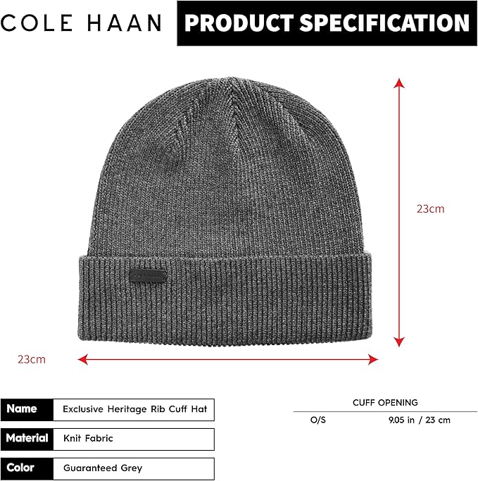 Cole Haan Men's Heritage Rib Cuff Wool Beanie Hat, One Size
