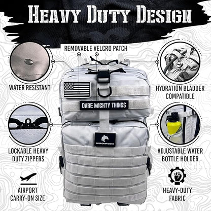 AMERICANPHOENIX 45L Elite Tactical Backpack | 3X Stronger Work & Military Backpack | Water Resistant and Heavy Duty | 3 Day MOLLE Bug Out Bag (Polar White)