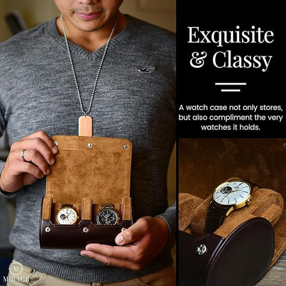 2 Watch Travel Case for Men Vegan Leather Watch Roll Case Organizer and Display - Elegant Gift - Espresso Brown Vegan Leather