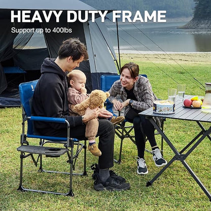 EVER ADVANCED Camping Directors' Chair with Side Table, Portable Folding Chair with Compact Size, Heavy Duty Lawn Chair with Pocket for Camping, Lawn, Sports and Fishing, 400lbs, Blue 2 Pack