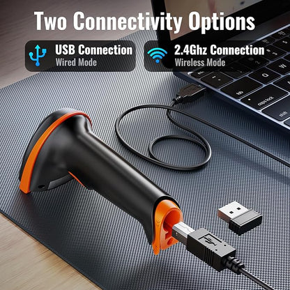 Tera 1D 2D QR Barcode Scanner Wireless and Wired with Battery Level Indicator Digital Printed Bar Codes Reader with Stand Portable Handheld Barcode Scanner Compact Plug and Play Model D5100-Z