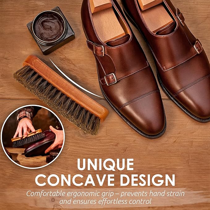 6.7" Horsehair Shoe Shine Brush - 100% Soft Genuine Horse Hair Bristles - Unique Concave Design Wood Handle - Comfortable Grip, Anti Slip - for Boots, Shoes & Other Leather Care (#1)