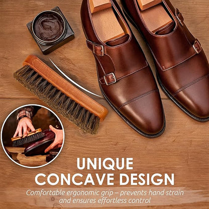 6.7" Horsehair Shoe Shine Brush Set of 2-100% Soft Genuine Horse Hair Bristles - Unique Concave Design Wood Handle - Comfortable Grip, Anti Slip - for Boots, Shoes & Other Leather Care