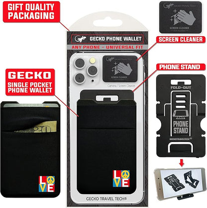 Gecko Travel Tech Double Pocket - Adhesive Card Holder - Cell Phone Pouch - Stick on Spandex Pocket - Carry Credit Cards and Cash (PEACE LOVE)