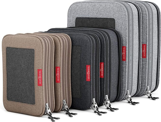 LeanTravel Compression Packing Cubes for Travel Organizers with Double Zipper (6-Pack (2L+2M+2S), Grey-Black-Brown)