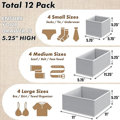 SIMPLE HOUSEWARE Foldable Drawer Organizer for Clothes/Underwear/Panty/Onesie Stocking Bin, Set of 12, Gray