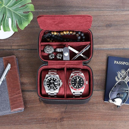 ROTHWELL 2 Watch Travel Case Storage Organizer for 2 Watches | Tough Portable Protection w/Zipper Fits All Wristwatches & Smart Watches Up to 50mm (Black/Red)