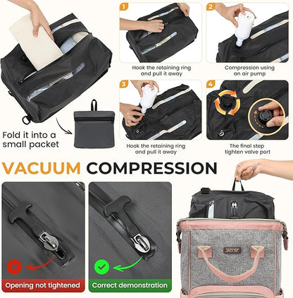 Vacuum Compression Diaper Bag, Expandable Waterproof Baby Travel Backpack with Insulated Pockets, Wet-Dry Separation, and Detachable Airtight Bag (Vacuum Pump Included)