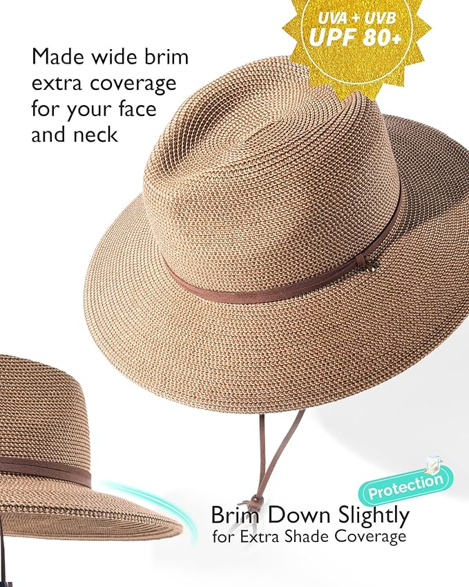 FURTALK Womens Summer Straw Sun Hats Wide Brim Panama Fedora Beach Hat with Wind Lanyard UPF 80+