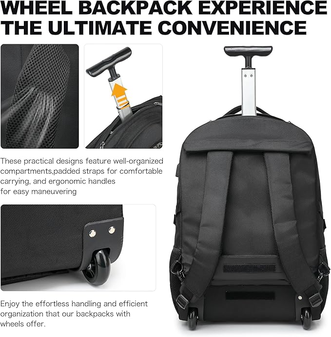 Boavan Wheeled Backpack,18.4 inch Water Resistant Rolling Backpack,Carry on Luggage Business Bag, Overnight College Computer Backpacks Trolley Suitcase for Men Women Adults to Travel，Black