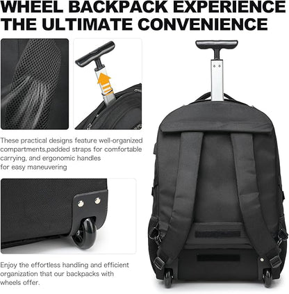 Boavan Wheeled Backpack,18.4 inch Water Resistant Rolling Backpack,Carry on Luggage Business Bag, Overnight College Computer Backpacks Trolley Suitcase for Men Women Adults to Travel，Black